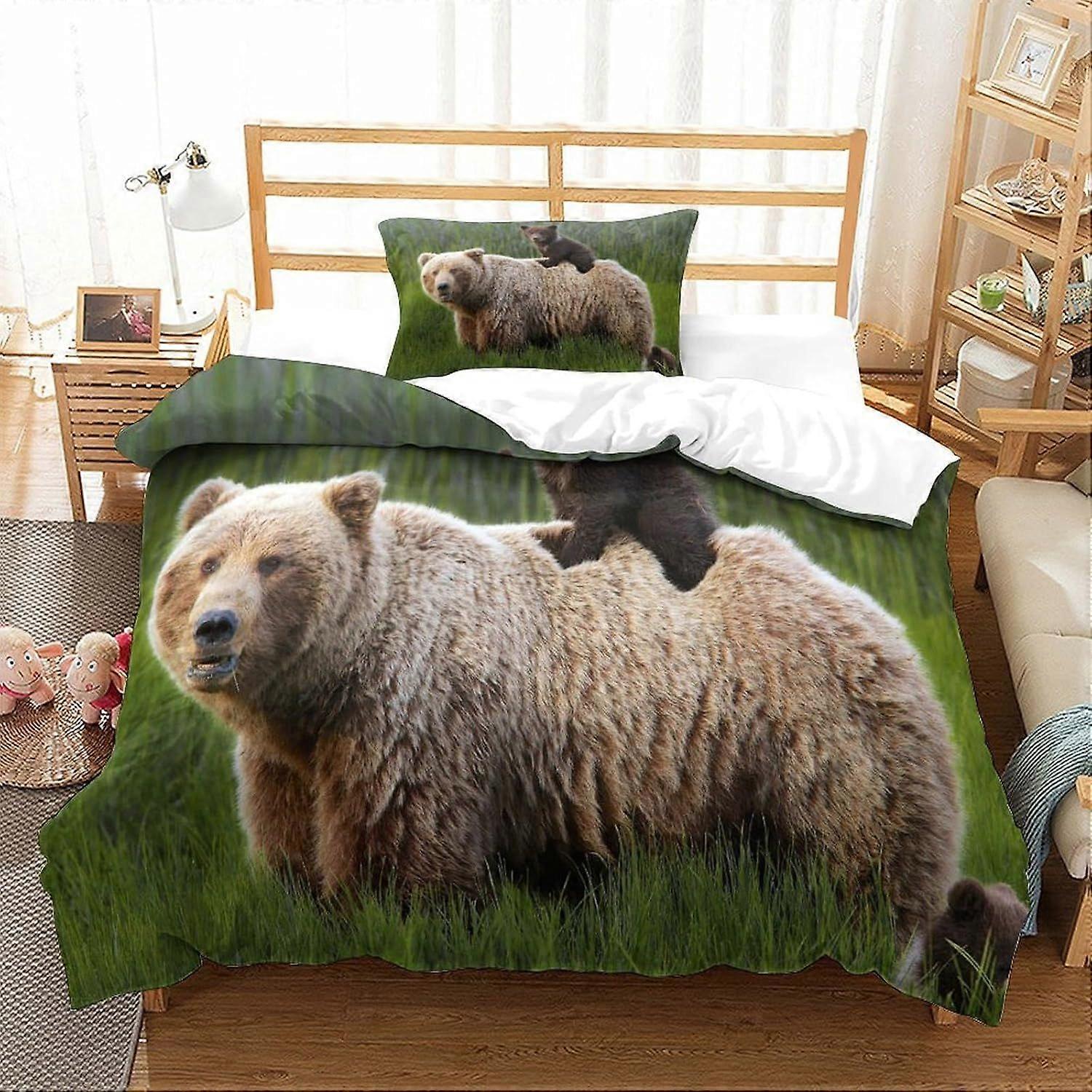 Yingd Bedding Grizzly Printed Bedding Set Single Size Duvet Cover Super Soft Breathable Microfiber Q