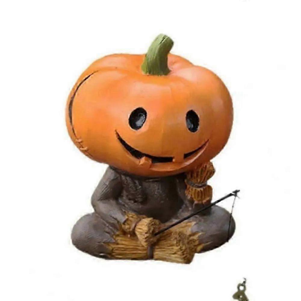 Halloween Fishing Scarecrow Statue Resin Pumpkin Ghost Sculpture Outdoor Garden Decor for Pond & Patio