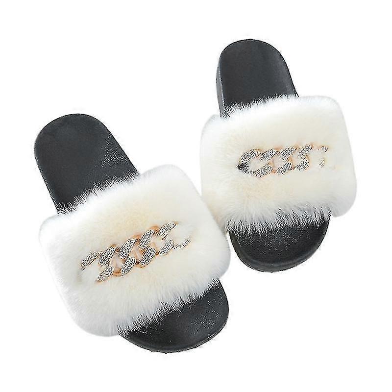 Women's Fluffy Faux Fur Slippers Comfy Open Toe Slides With Fle