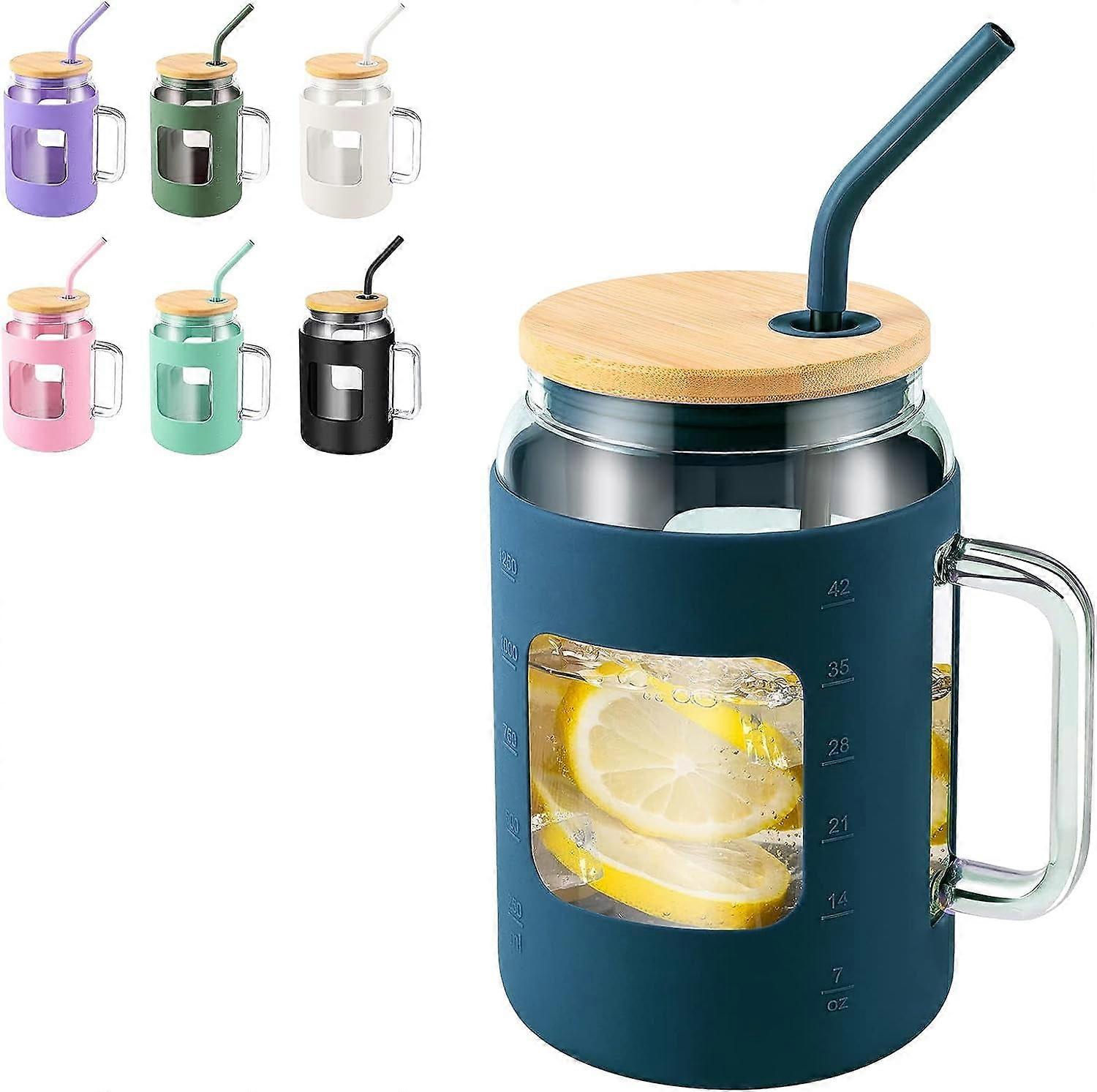 Gobelet à café en verre de 140 ml avec couvercle en bambou, paille et manchon en silicone – Anti-fuite, réutilisable, large ouverture, idéal pour le café glacé – Bleu