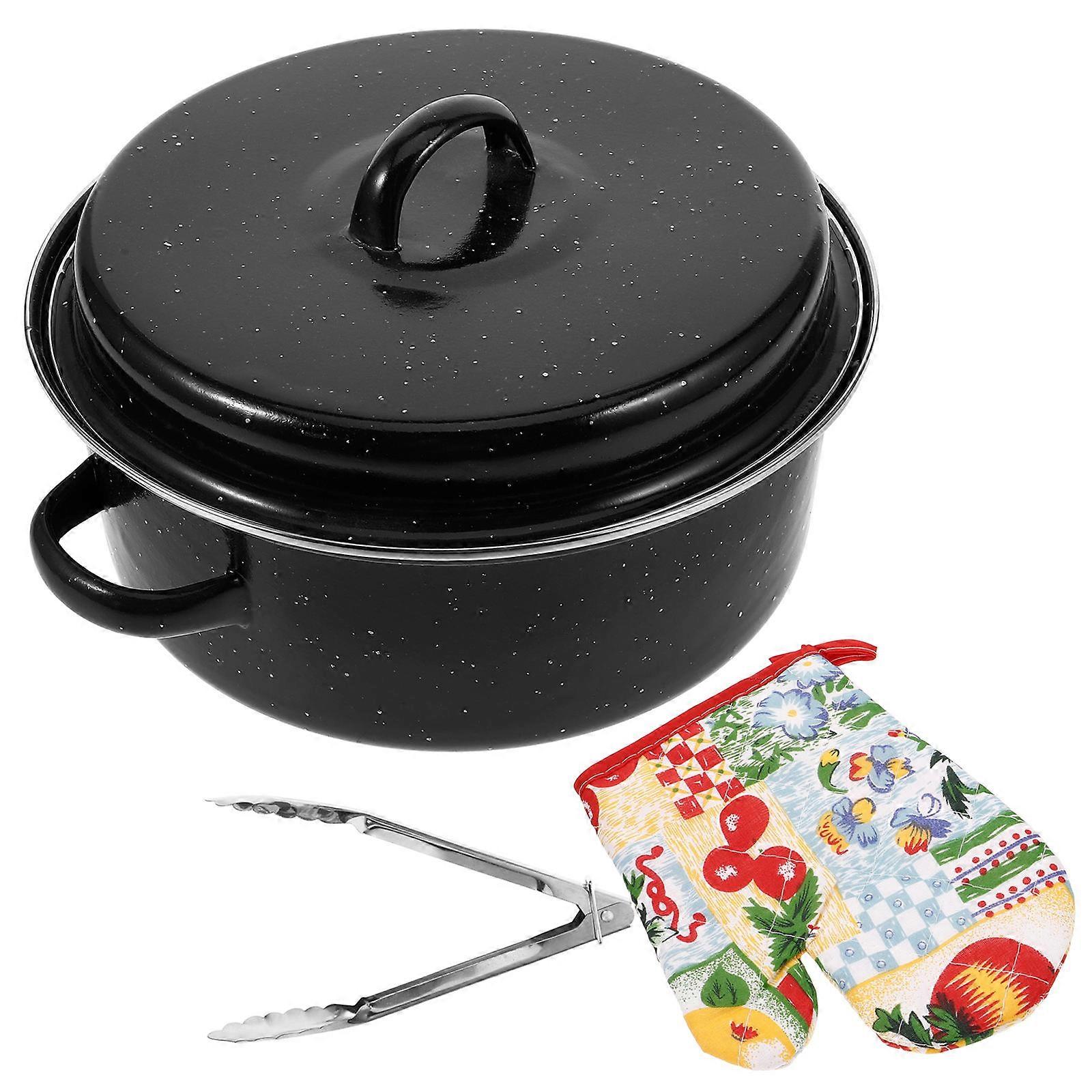 Daily Use Kitchen Roasting Pan Roaster 2Sets Enamel Cookware Black