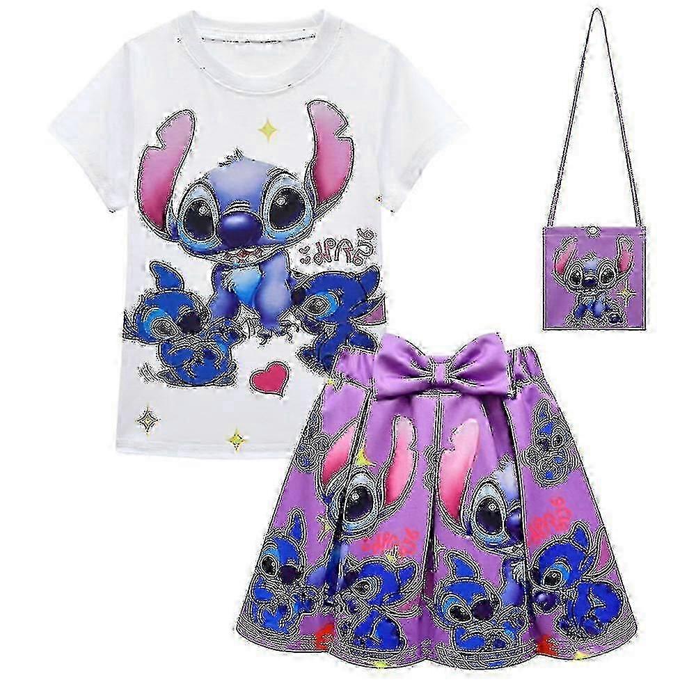 6-10 Years Kids Girls Lilo And Stitch Printed Outfit T-shirt + Pleated Skirts + Bags Set Party Dress Gifts Shj