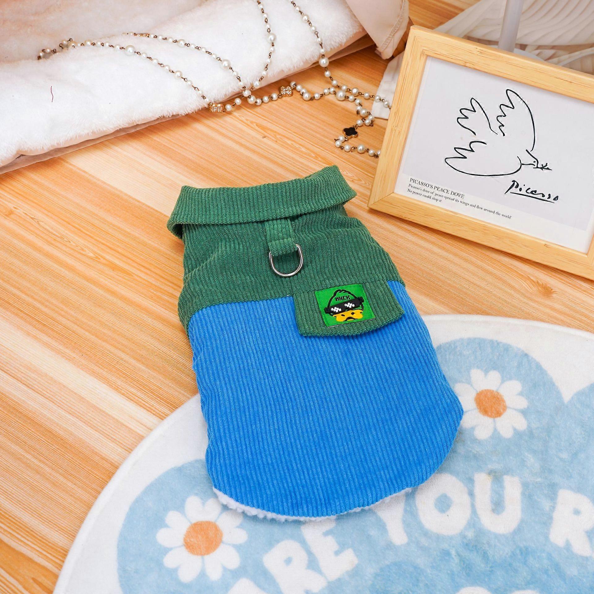 Dog Cat Winter Clothes, Plush Fleece Lined Corduroy Vest, Plaid Collar Color Block Warm Jacket Coat for Small Medium Dogs, Cats