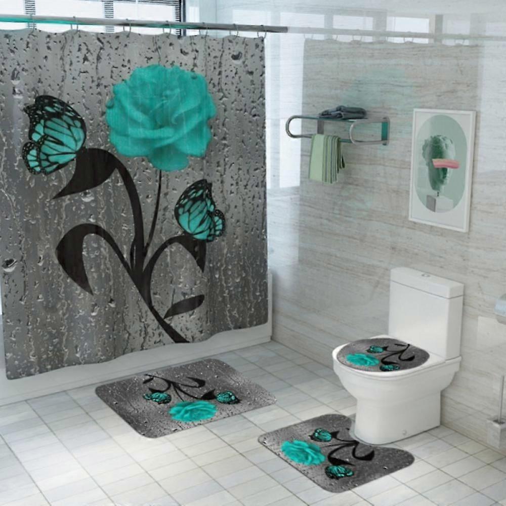Yinrunx 4Pcs Bathroom Set with Rose Flower Waterproof Shower Curtains, Rugs & Accessories, Compatible with Standard Showers