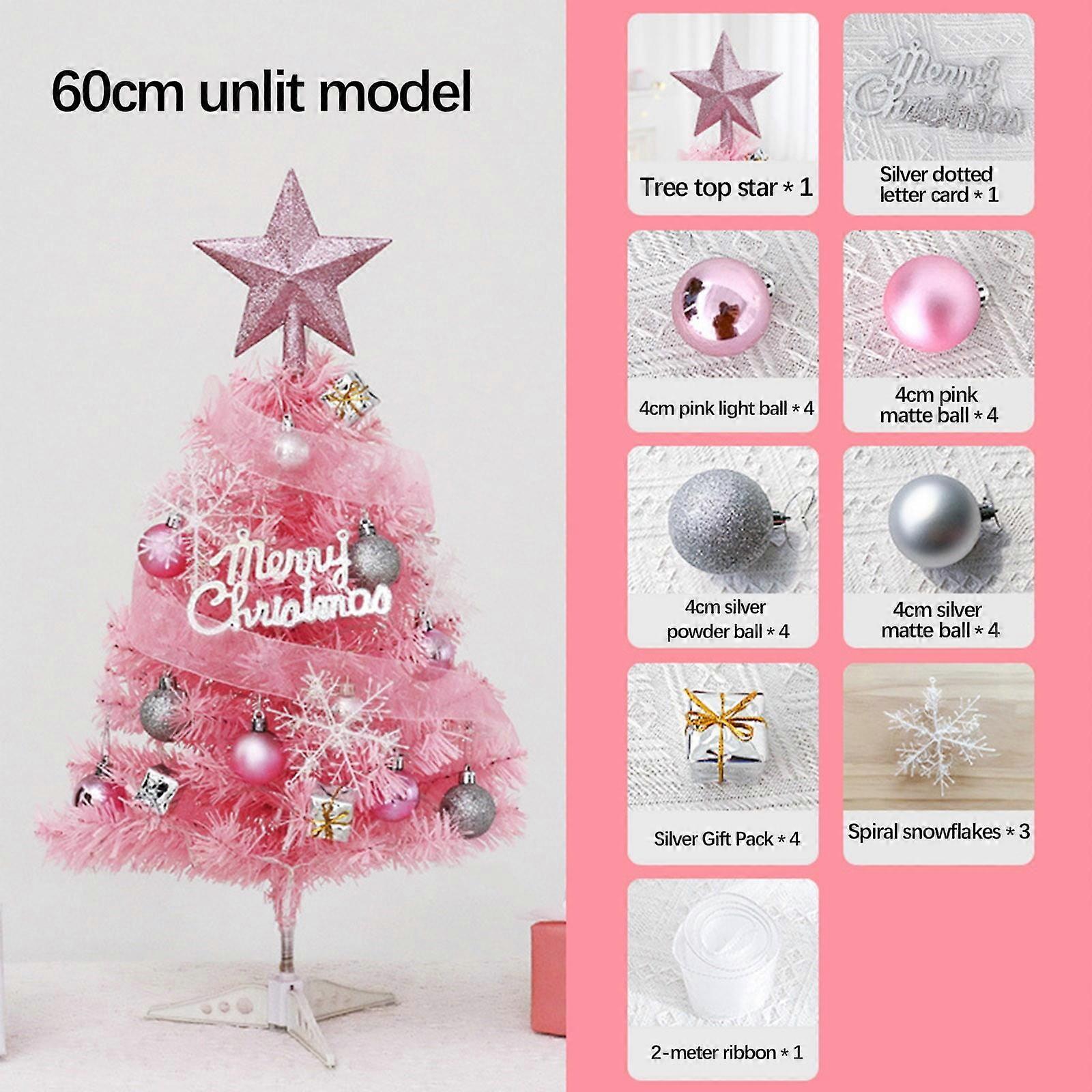 23.62in Pink Tabletop Christmas Tree with Lights, Mini Xmas Tree w/ Star LED String & Balls for Home Desktop Decor