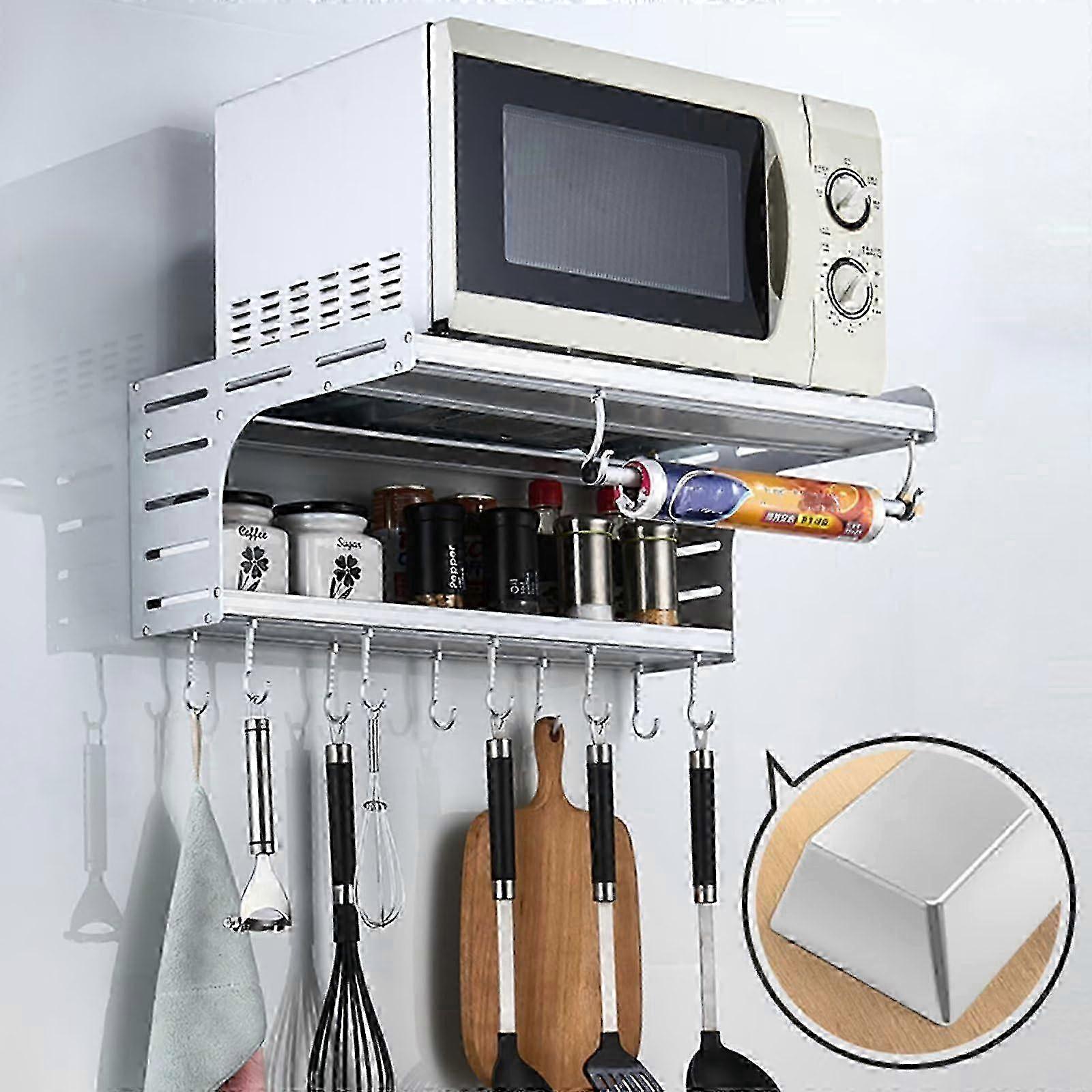 Wallmounted microwave shelf with 6 hooks for kitchen storage, silvercolored