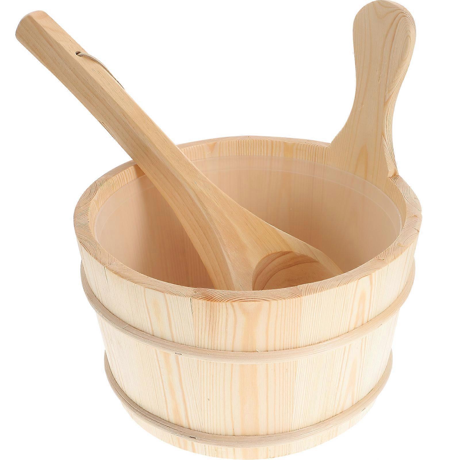 Wood Barrel And Spoon 2 Pcs Bathing Accessory Set Ideal For Home Use Featuring Neutral Style Design