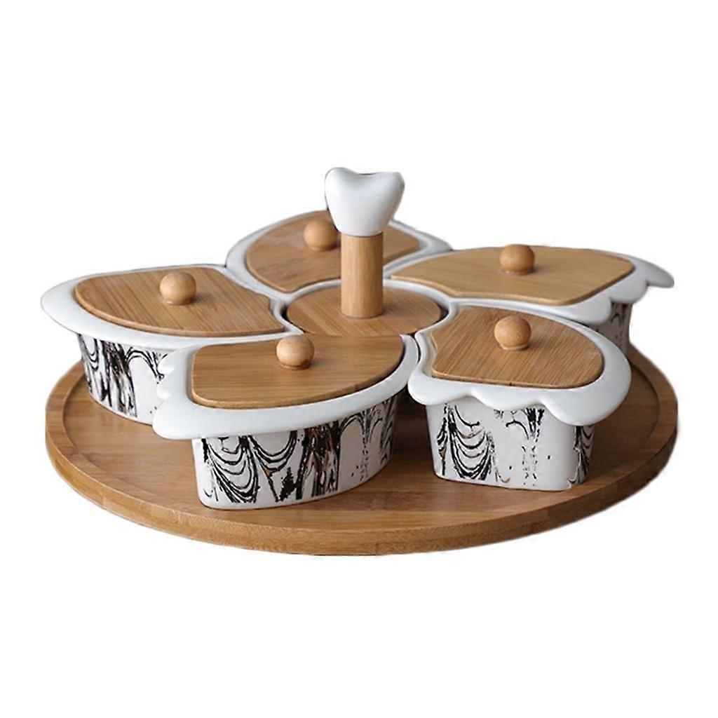 Serving Bowls Set with 360° Rotating Bamboo Tray, Five Ceramic Bowls with Lids for Parties