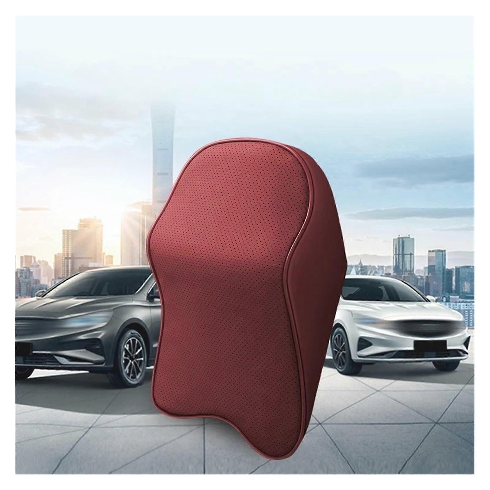 3D Nappa Leather Memory Foam Car Neck Pillow and Lumbar Support Cushion Wine Red