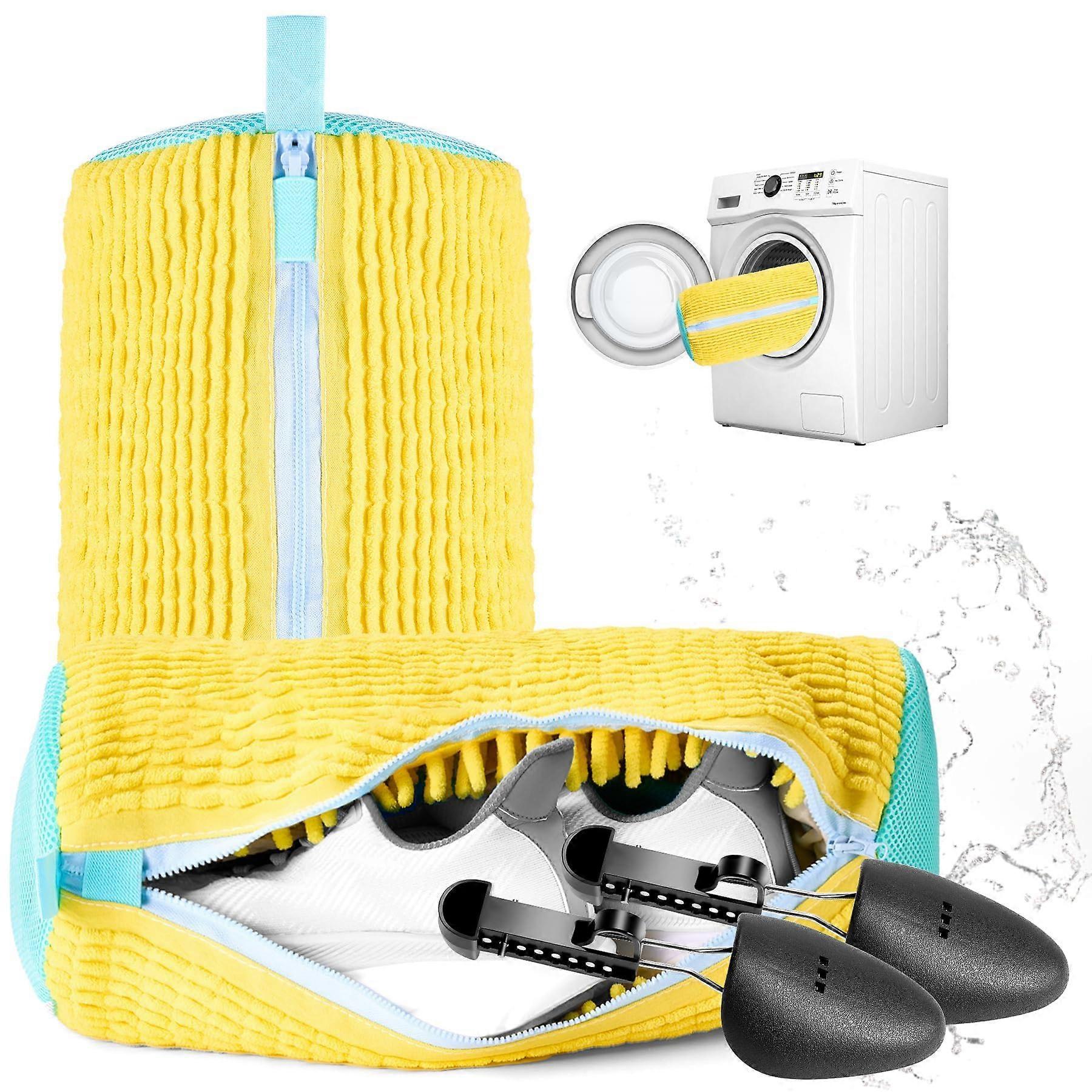 2 Pcs Shoe Wash Bag with Zipper, 360° Deep Clean Dual Layer Mesh, Includes Adjustable Trees and Drying Racks, Yellow