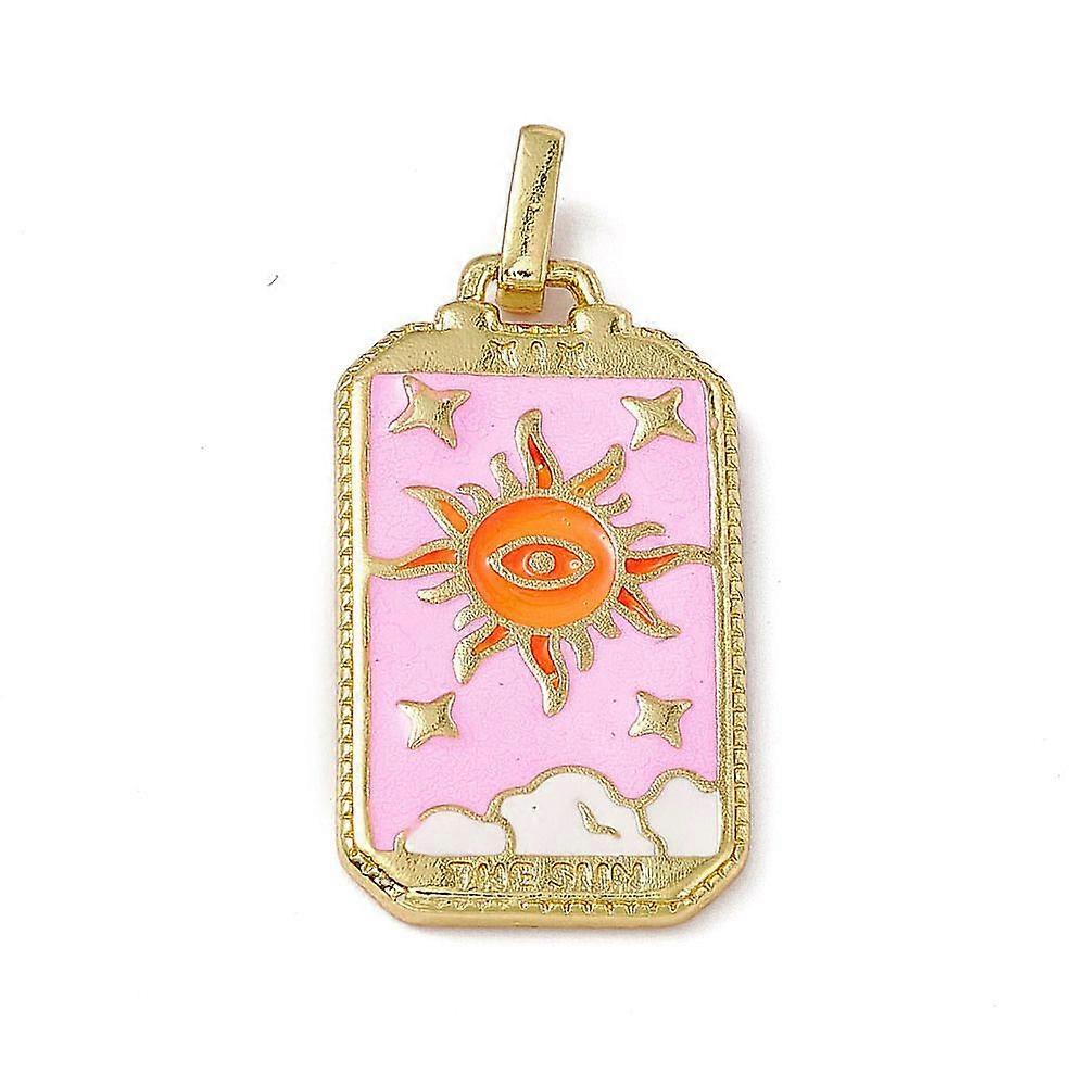 Alloy Enamel Pendants Rectangle Tarot Pattern Charm Golden Pearl Pink Sun Pattern 26x14x2mm Hole: 2x3mm