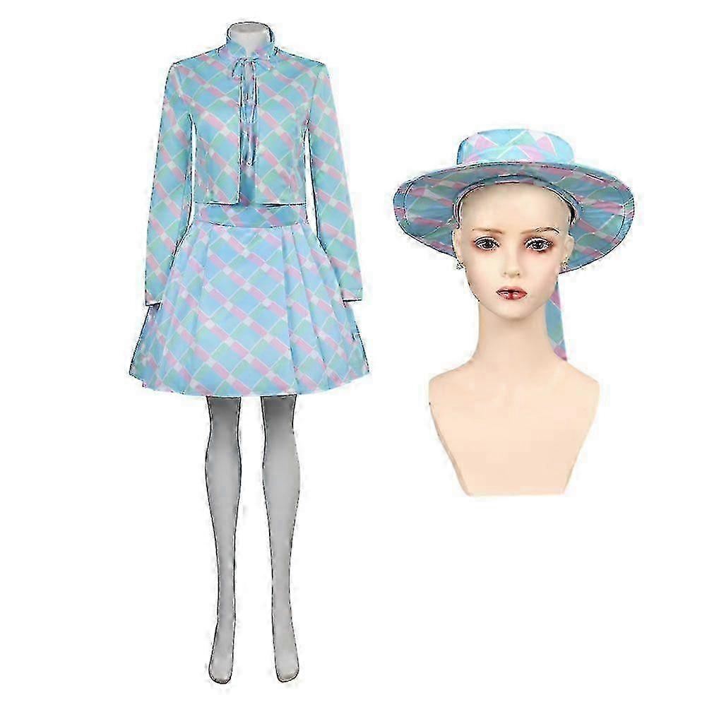 Costume de cosplay de Margot Barbier : robe bleue, manteau, jupe, chapeau et boucles d'oreilles. Tenue décontractée pour femme.