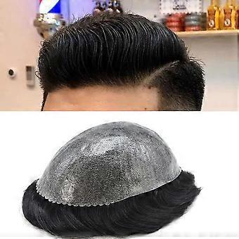 Herr Vågigt Äkta Hår Tupé Full Poly Tunn Hud Peruk Naturlig Hårbotten Off Svart 7x10