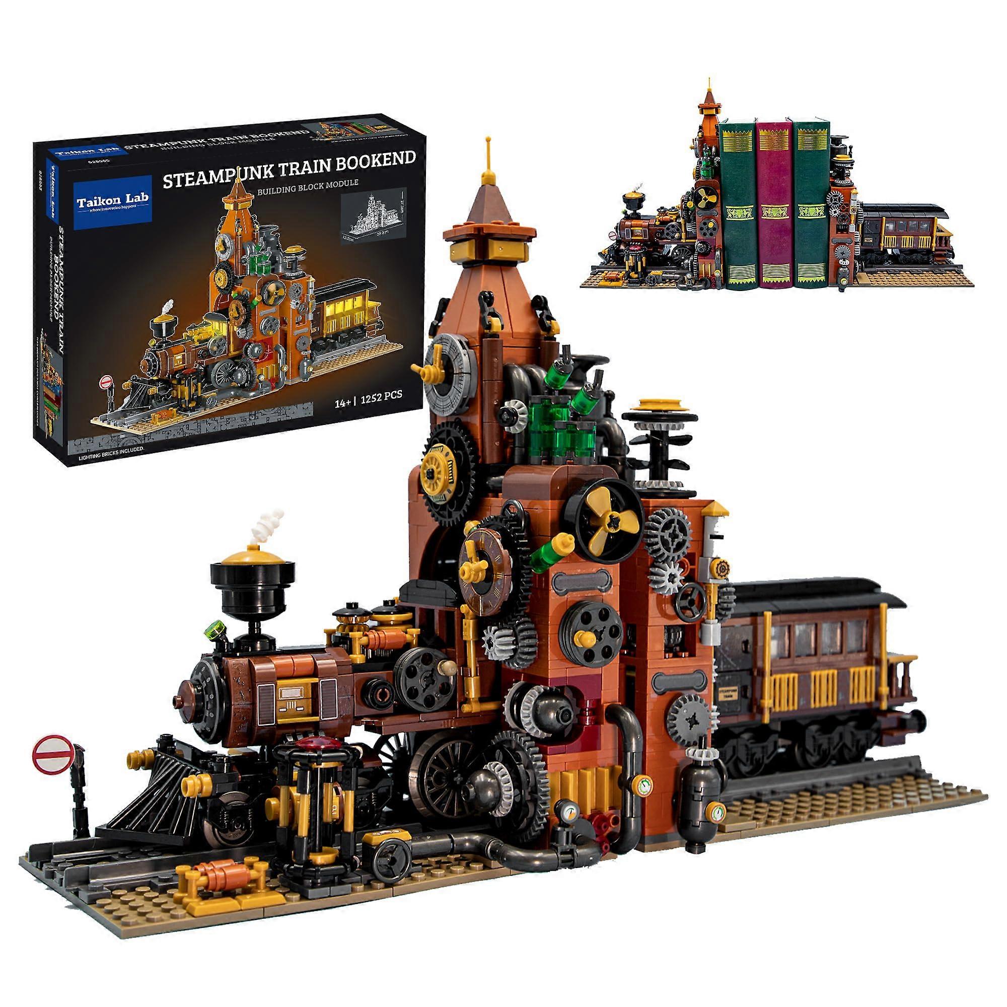 Steampunk Train Bookend Building Block Set with Light, 2 in 1 Mechanical Display, 1252pcs