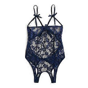 Combinaison-salopette en dentelle avec nœud et entrejambe ouverte, dos nu, bleue, taille XXL