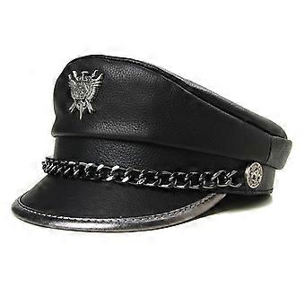 Novedad Invierno Hombres Para Sombrero de Cuero Masculino Flat Top Badge Locomotora Retro Gorras Militares Estudiantes Punk Cortical Chain Gorra