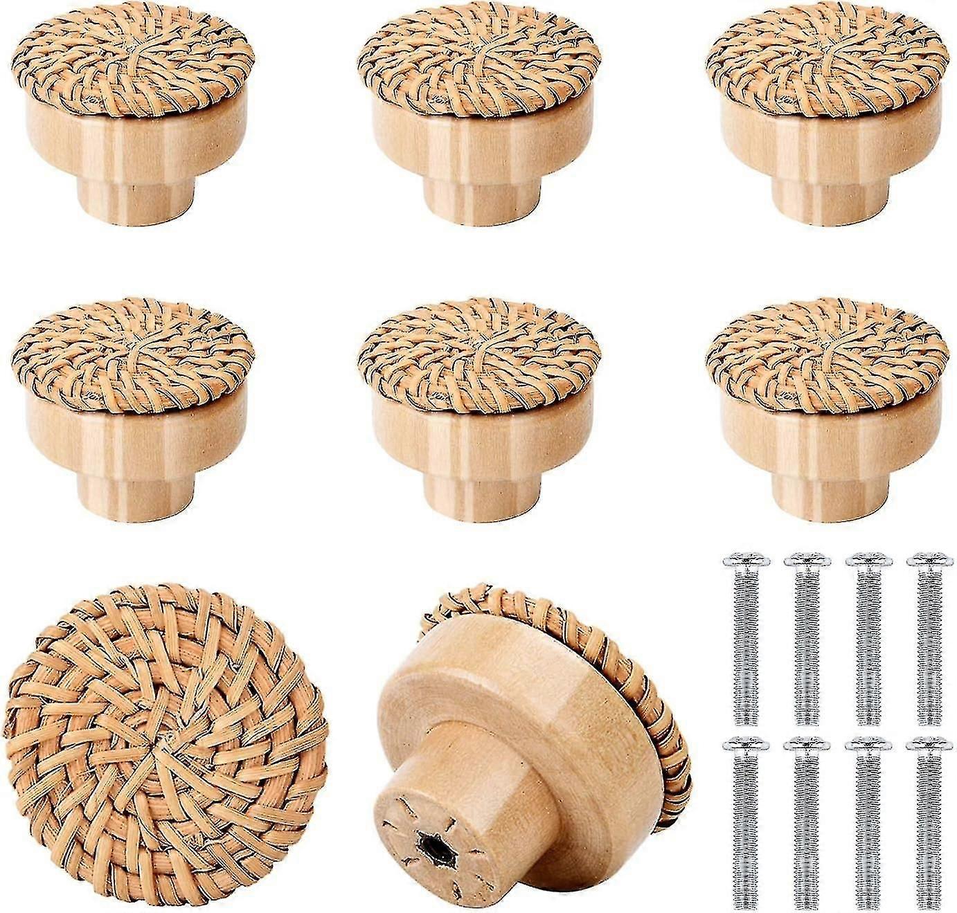 Dressing Table Knobs, Pack Of 8 Drawer Rattan Knobs, Hand Wicker And Screws