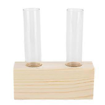 Vaso de vidro com dois tubos de ensaio e estrutura de madeira para plantas hidropônicas. Ideal para decoração simples de casa ou mesa. UX