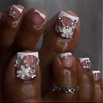 Silver Butterfly Rhinestone French Tip Toenails