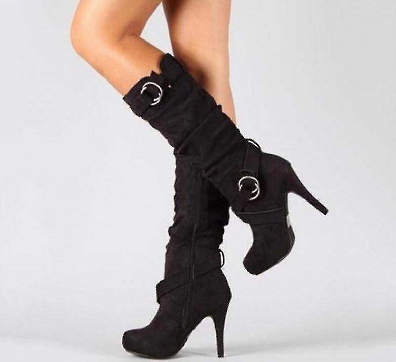 Lady Shoes Buckle Strap, Flock Knee High Boots
