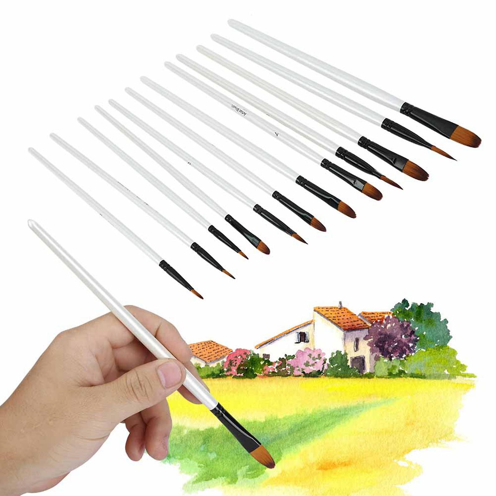 12 Pcs Paint Brush Set, Pearl White Shaft, Watercolor Drawing Tool, Propene (Hazelnut Tip)