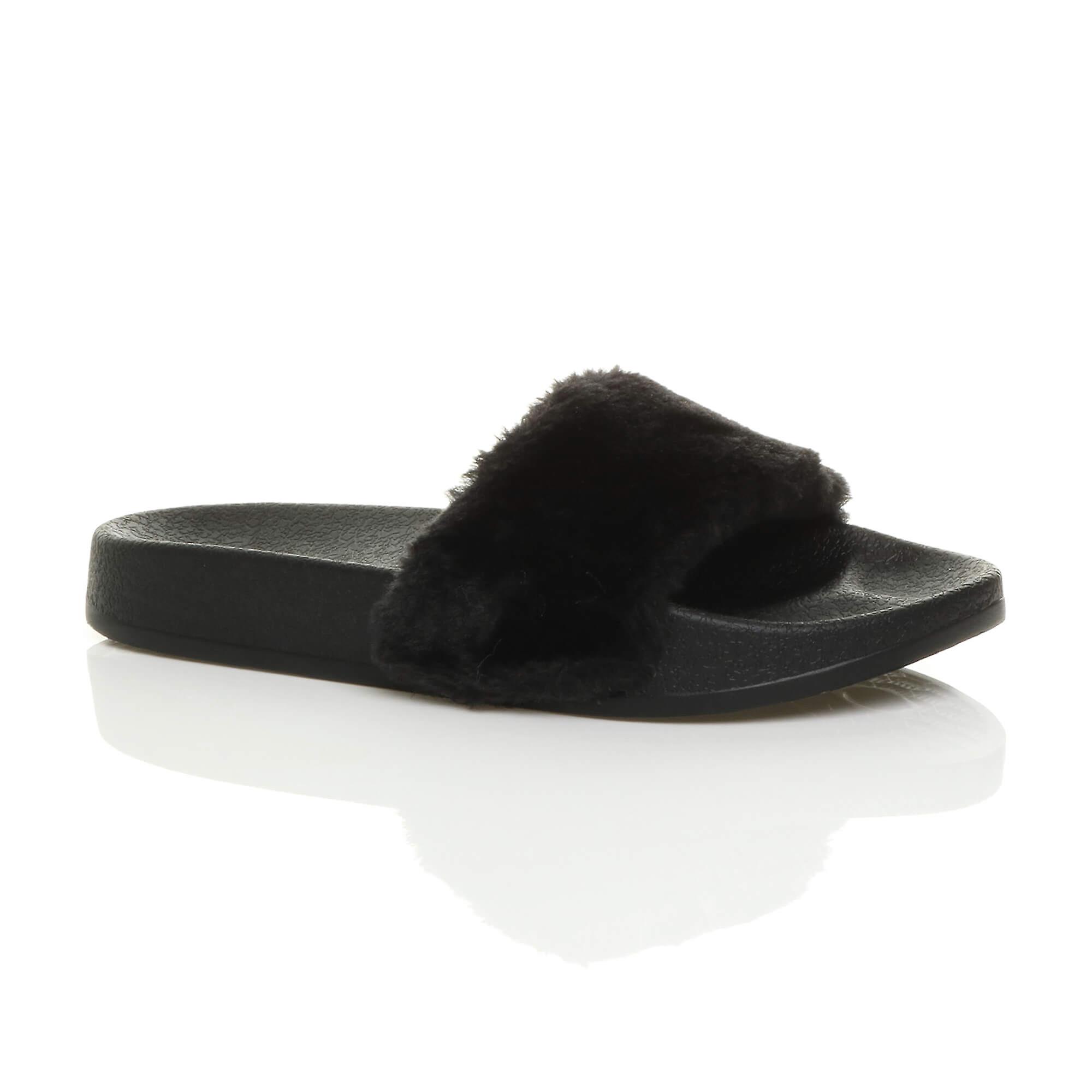 Ajvani womens flat fur mules open toe comfy comfort slip on flip flop sliders slippers sandals