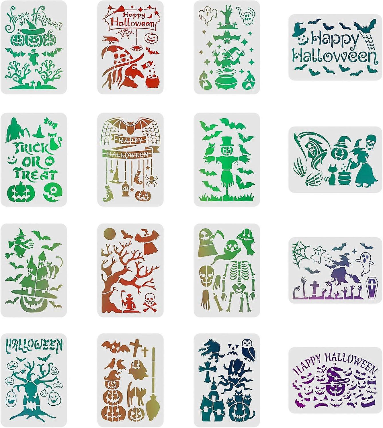 16 Pcs Halloween Stencils Drawing Painting Templates Sets 11.7x8.3inch Plastic Drawing Painting Stencils Scale Template Sets for Halloween Decoration