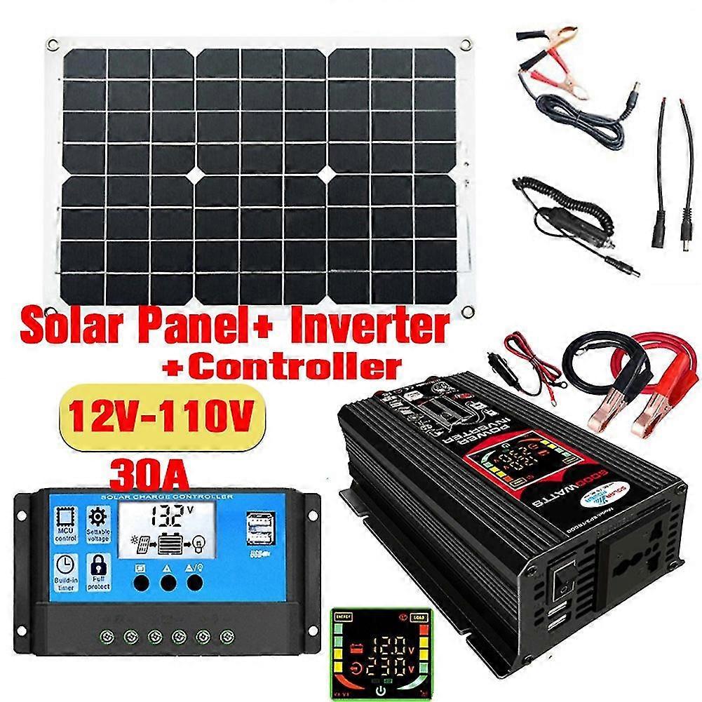 Solar Panel Kit Complete 6000w Modified Sine Wave Inverter Lcd Display Dual Usb Dc12v To 220v With 30a Solar Controller