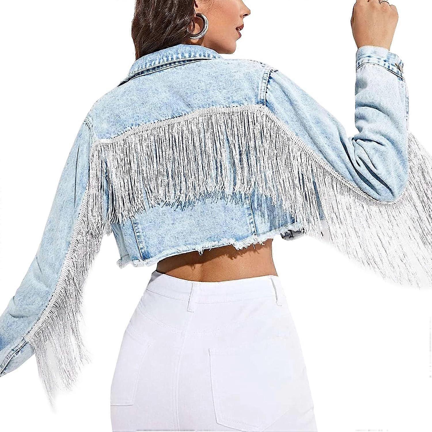 Kvinders frynser trim denim jakke kæreste langærmet oversized frynser Jean jakke frakker