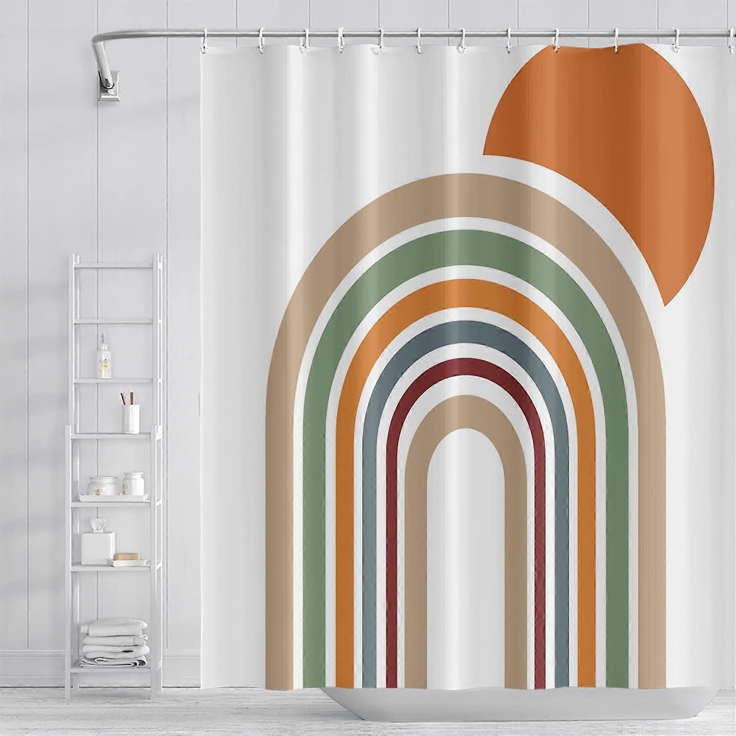 Mid Century Boheemse Badkamer Douche Gordijn Kleurrijke Strepen Boog Oranje Zon Boho Douchegordijn met Haken Waterdichte Stof Polyester Douche Curtai