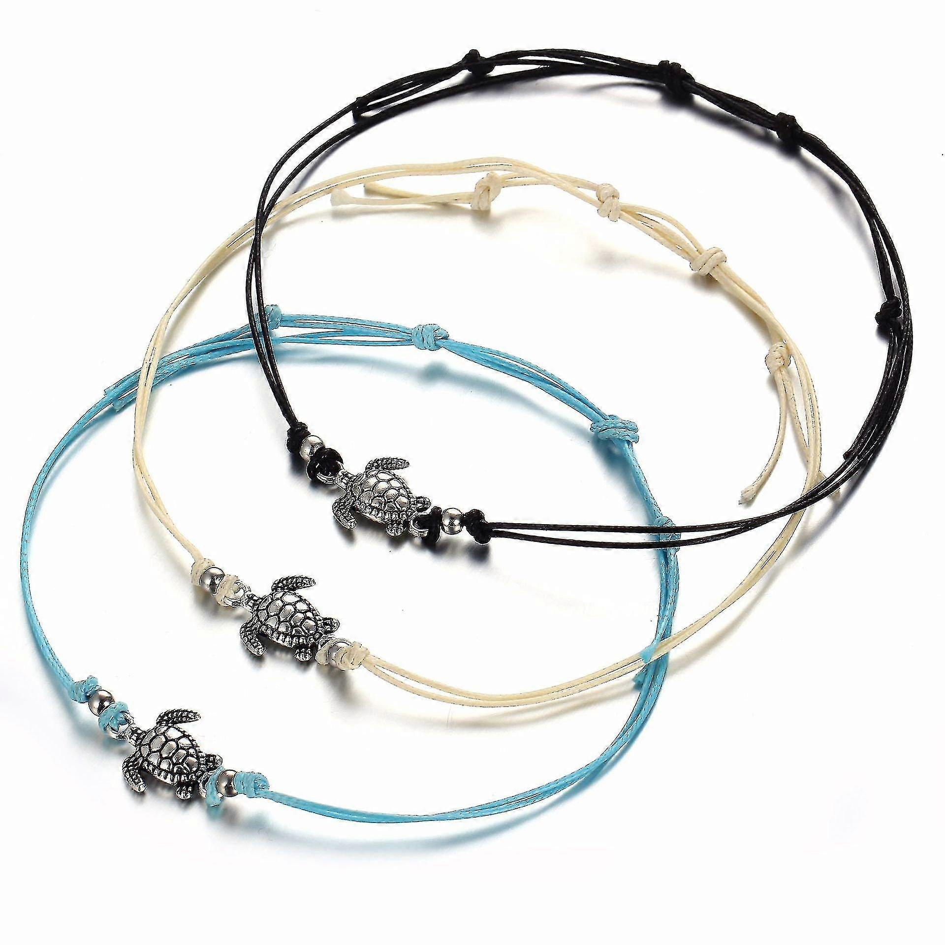3 Color Set Vintage Wax Rope Turtle Anklet Bracelet Ancient Silver Tricolor Turtle