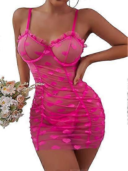 Women's Sexy Heart Shape Mesh See-through Lingerie Babydoll Pajamas Sleeveless Ruffled Pajamas with Thong