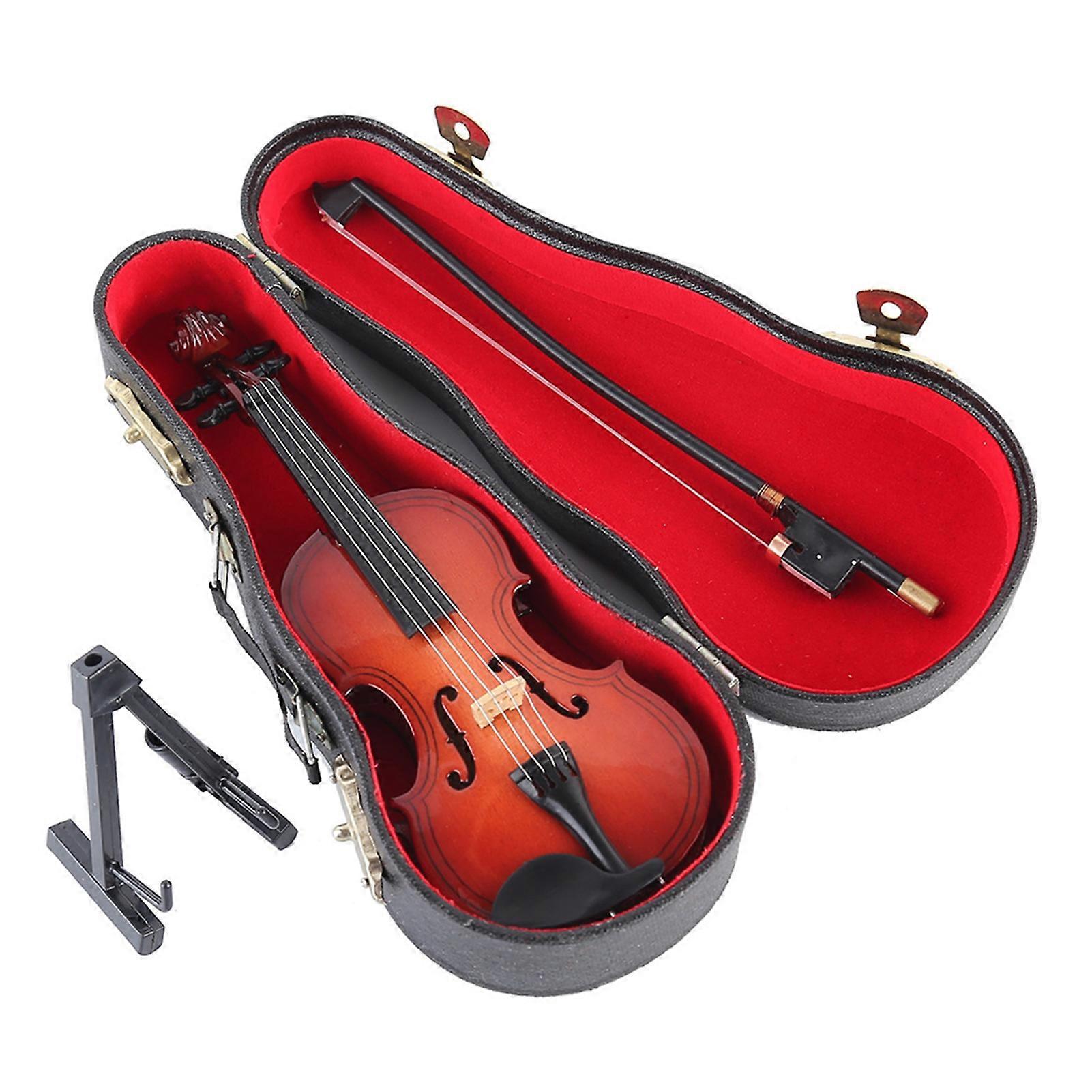 Wooden Miniature Violin with Stand, Mini Toy Cello Violin with Bow and Case, Smallest Musical Instrument Miniature Dollhouse Props Home Decoration