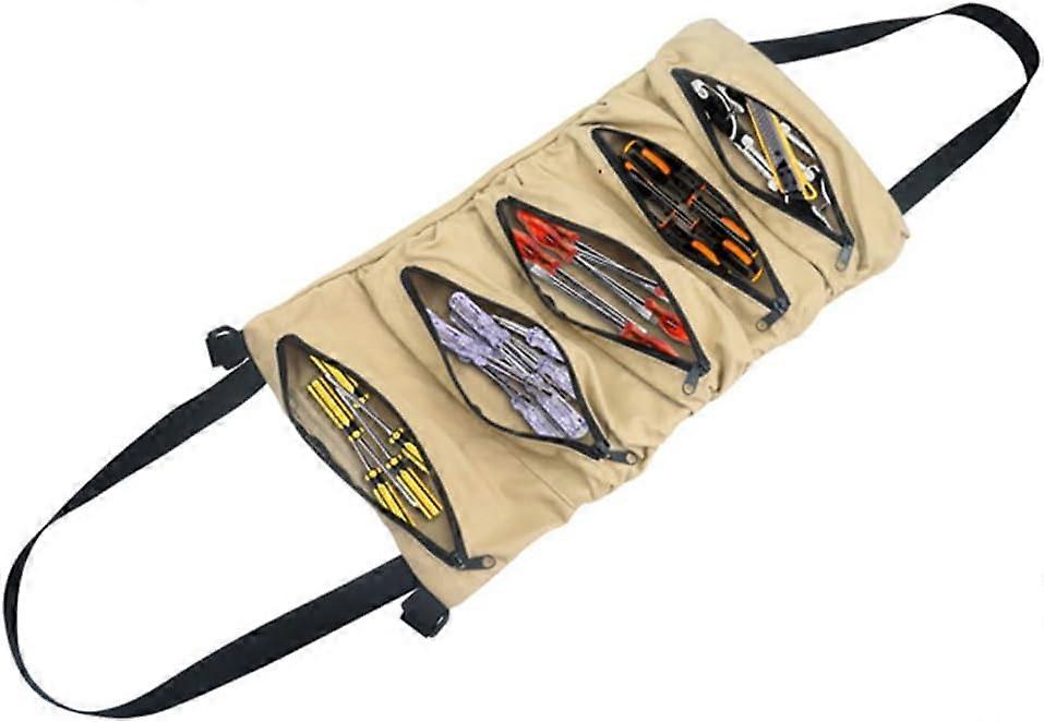 Roll Up Tool Bag, Canvas Tool Bag, Multi-Purpose Tool Bag, with 5 Zipper Pockets, for Electrician, Mechanic, Khaki