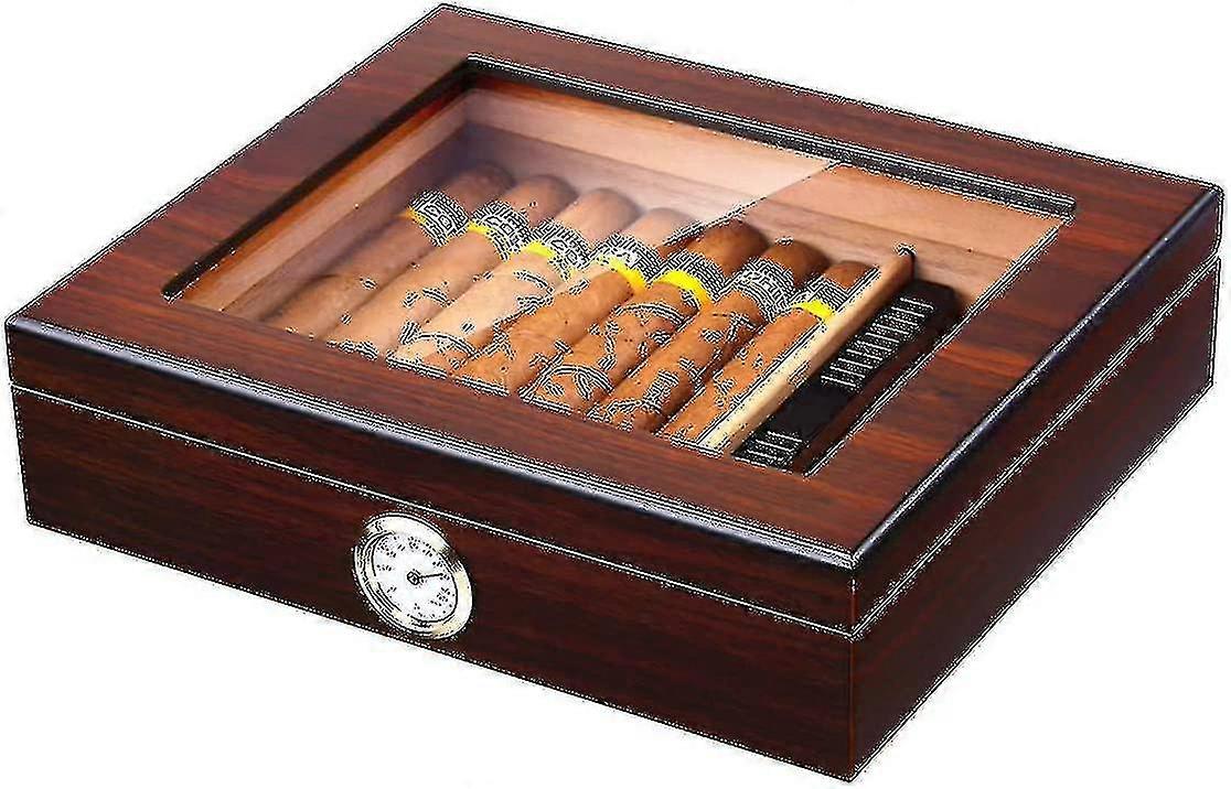 Handgefertigter Zigarrenhumidor, Zedernzigarren-Desktop-Box mit Luftbefeuchter und Hygrometer, Glasplatte