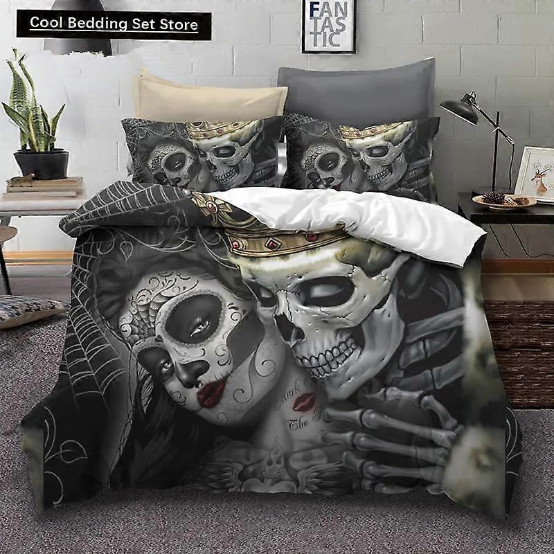 m742 Lakan Sugar Skull Sängkläder Sets Skönhet Kiss Skull Påslakan Sängset Bohemiskt tryck Svart Sängkläder Storlek Sänglinje Lakan ggt742