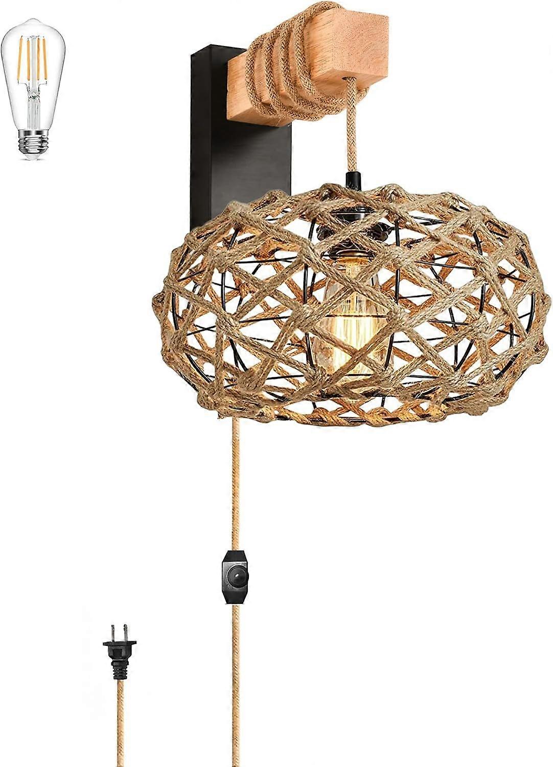 Plug in Wall Sconces Rattan Boho Decor Wall Sconce Light Woven Wicker Wall Lamp with Plug in Cord Dimmable Hanging Lamps That Plug Into Wall
