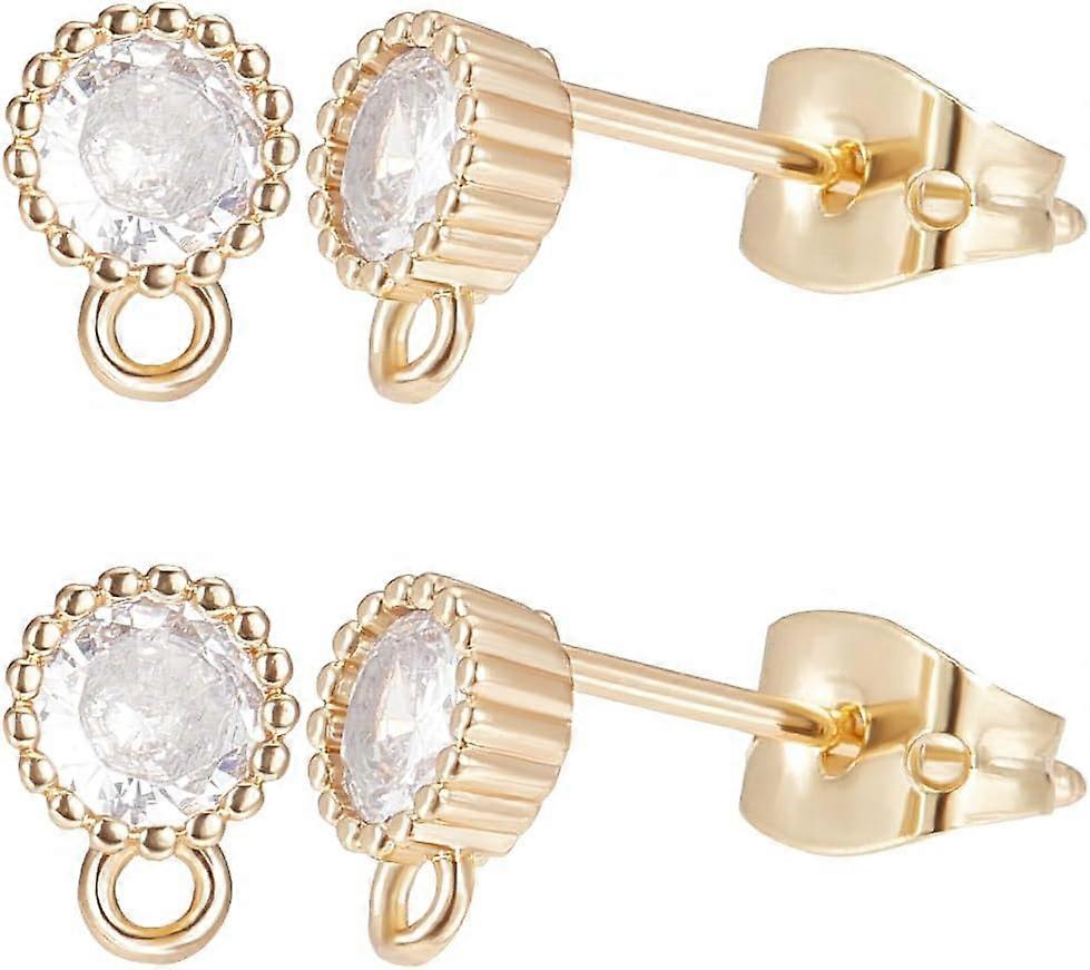 1 Box 10Pcs Cubic Zirconia Stud Earring Findings 18K Gold Plated Brass Flat Round Post Earrings Finding for Jewelry Making DIY Crafts