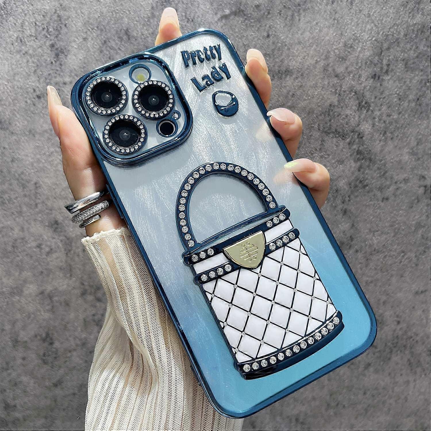 For iPhone 16 Pro Max Case Mirror Kickstand TPU PC Shiny Protective Back Cover - Blue