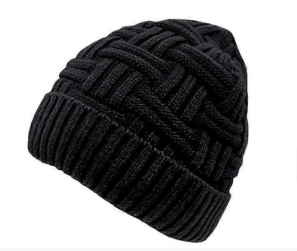 Stickad mössa Herr vintermössa varm mössa med fleecefoder svart