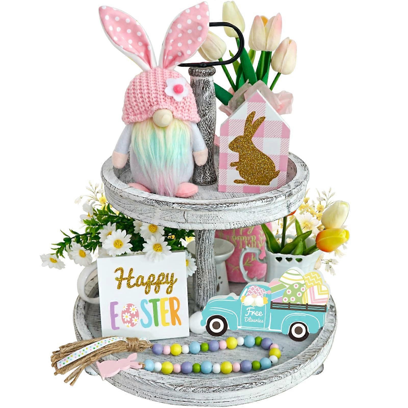 5PCS Easter Gnome Decor Set - Glitter Signs, Plush & Garland for Rustic Spring Display