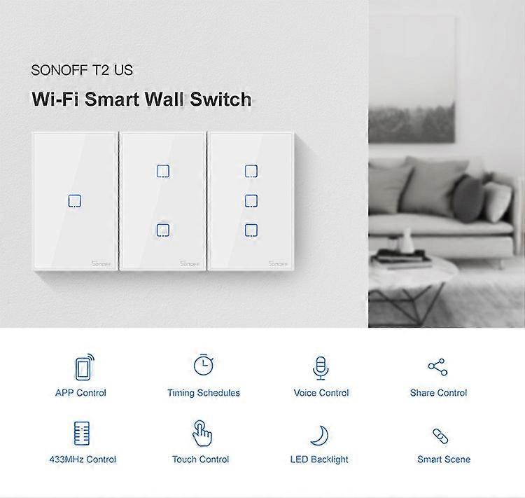 Sonoff T2 Touch 120mm Tempered Glass Panel Wall Switch Smart Home Light Touch Switch, Compatible with Alexa and Google Home, AC 100V-240V, US Plug
