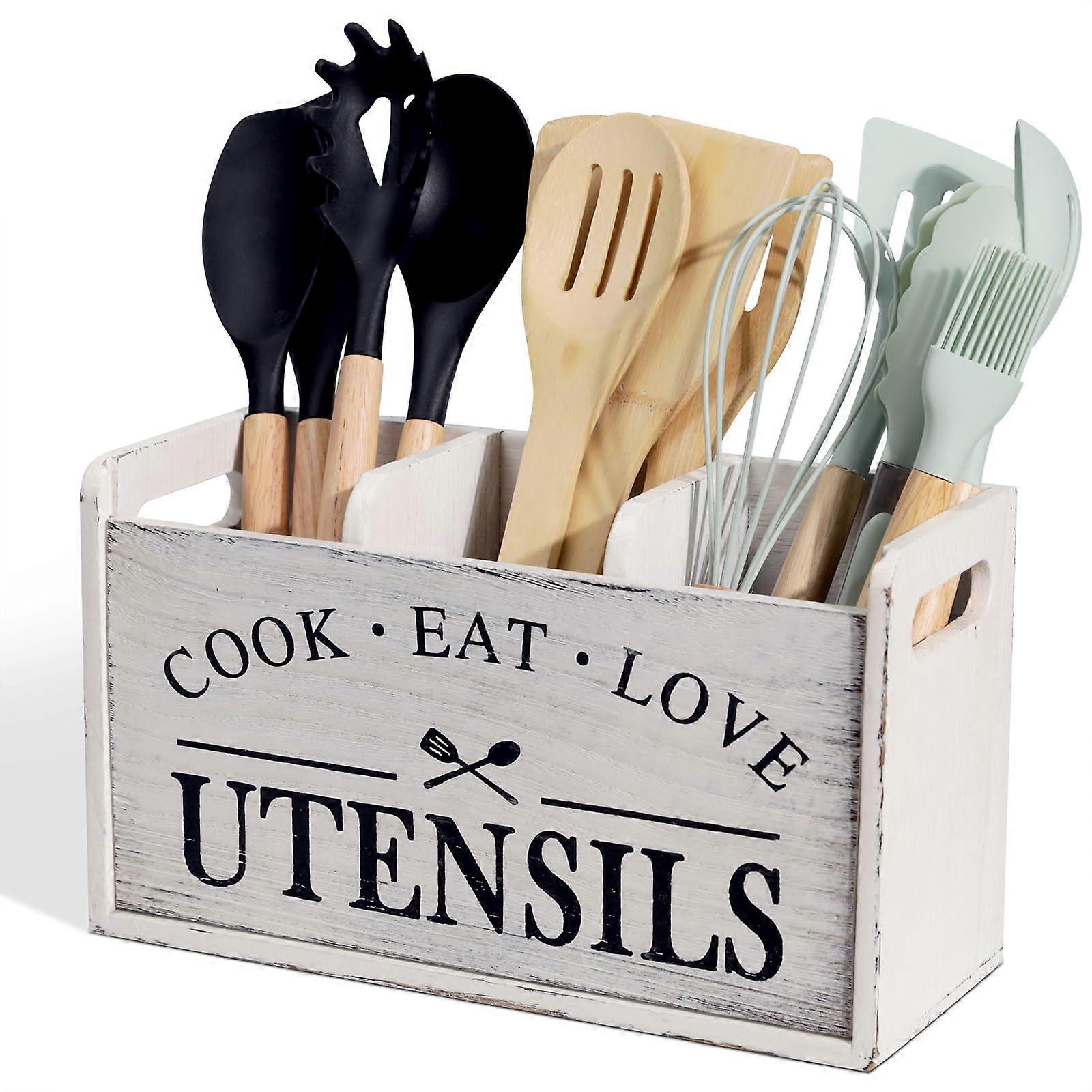 Large Solid Wood Farmhouse Kitchen Utensil Holder for Kitchen Counter Home Decor
