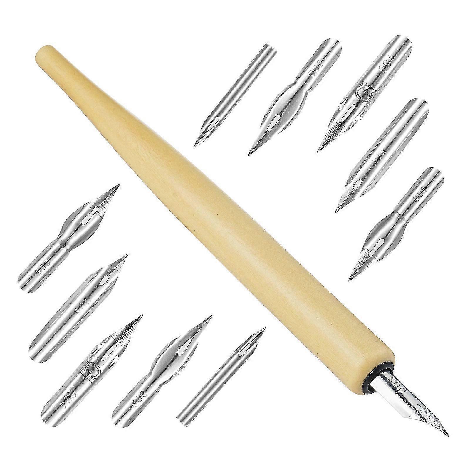 11ピースコミックペン先セット、インクペン先ステンレス鋼描画コミックペン先書道ペン先、木製コミックペン先ホルダー付き、書き込み、絵画、Si