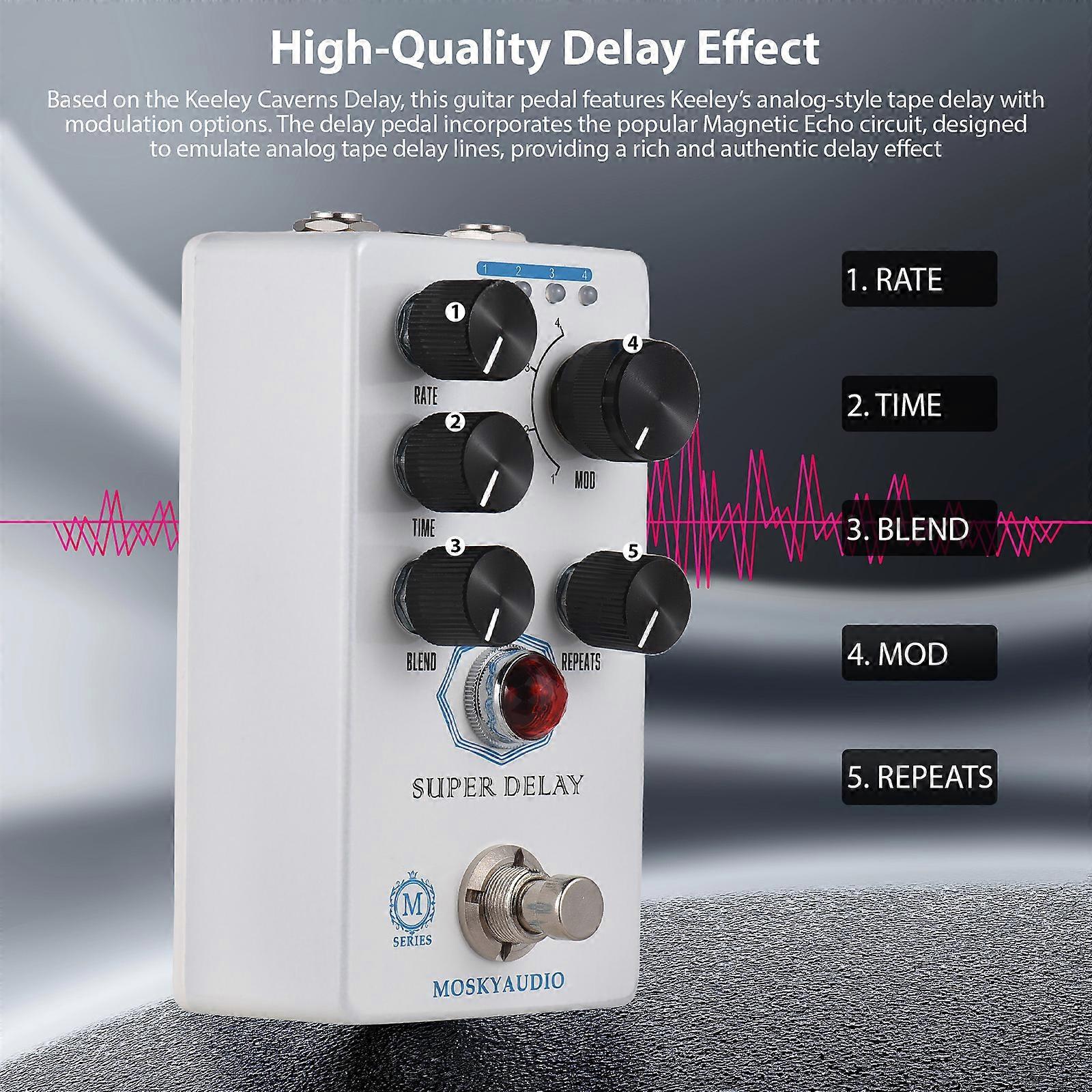MOSKYAUDIO SUPER DELAY Gitarre Delay Effekte Pedal Blend/Time/Rate/Repeats/4-Mode Regler DC 9V 6.35mm Input/Output Interface E-Gitarre Delay Effec