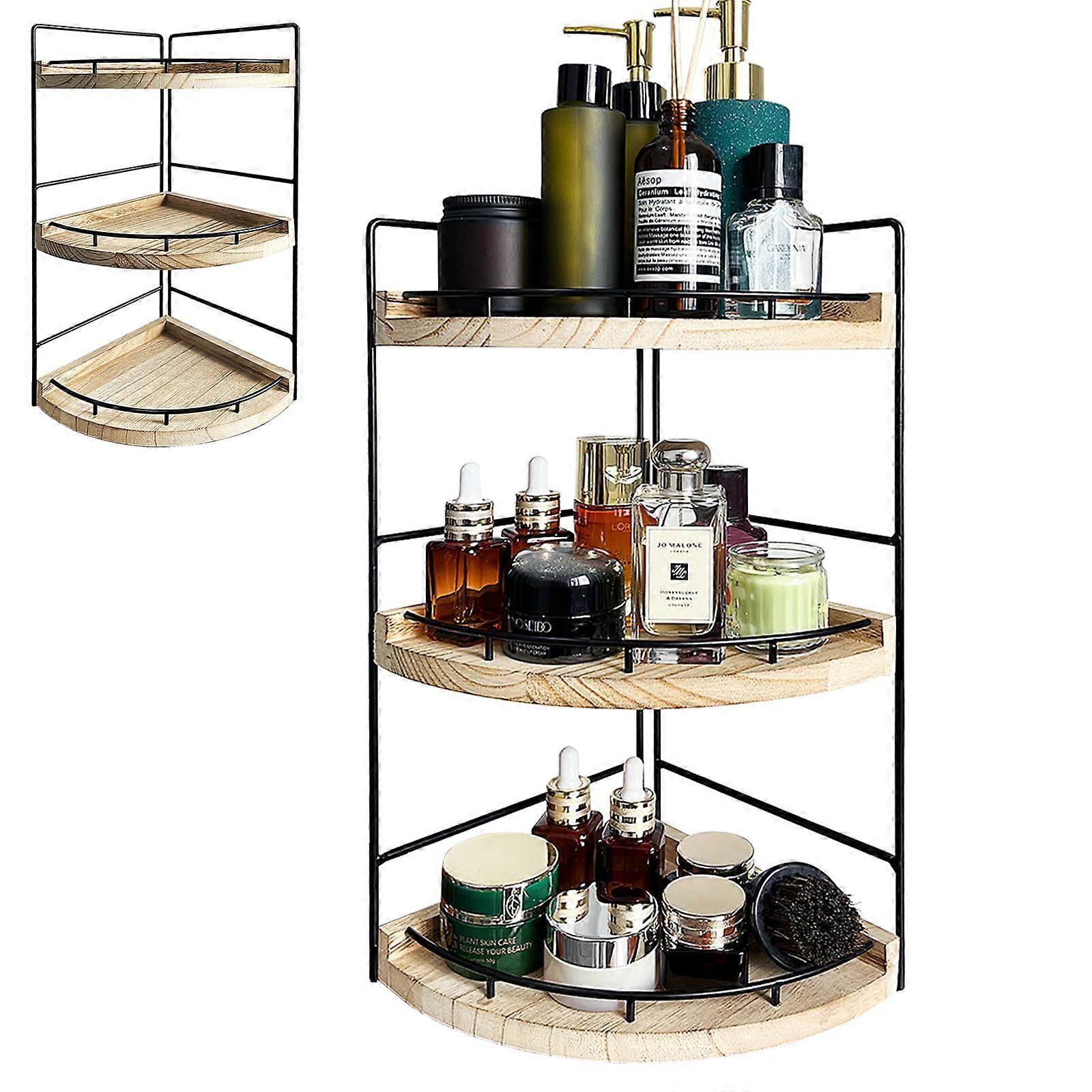 Bathroom Counter Organizer 3 Tier Rustic Wood Corner Organizer for Small Spaces, Easy Assembly, Farmhouse Style