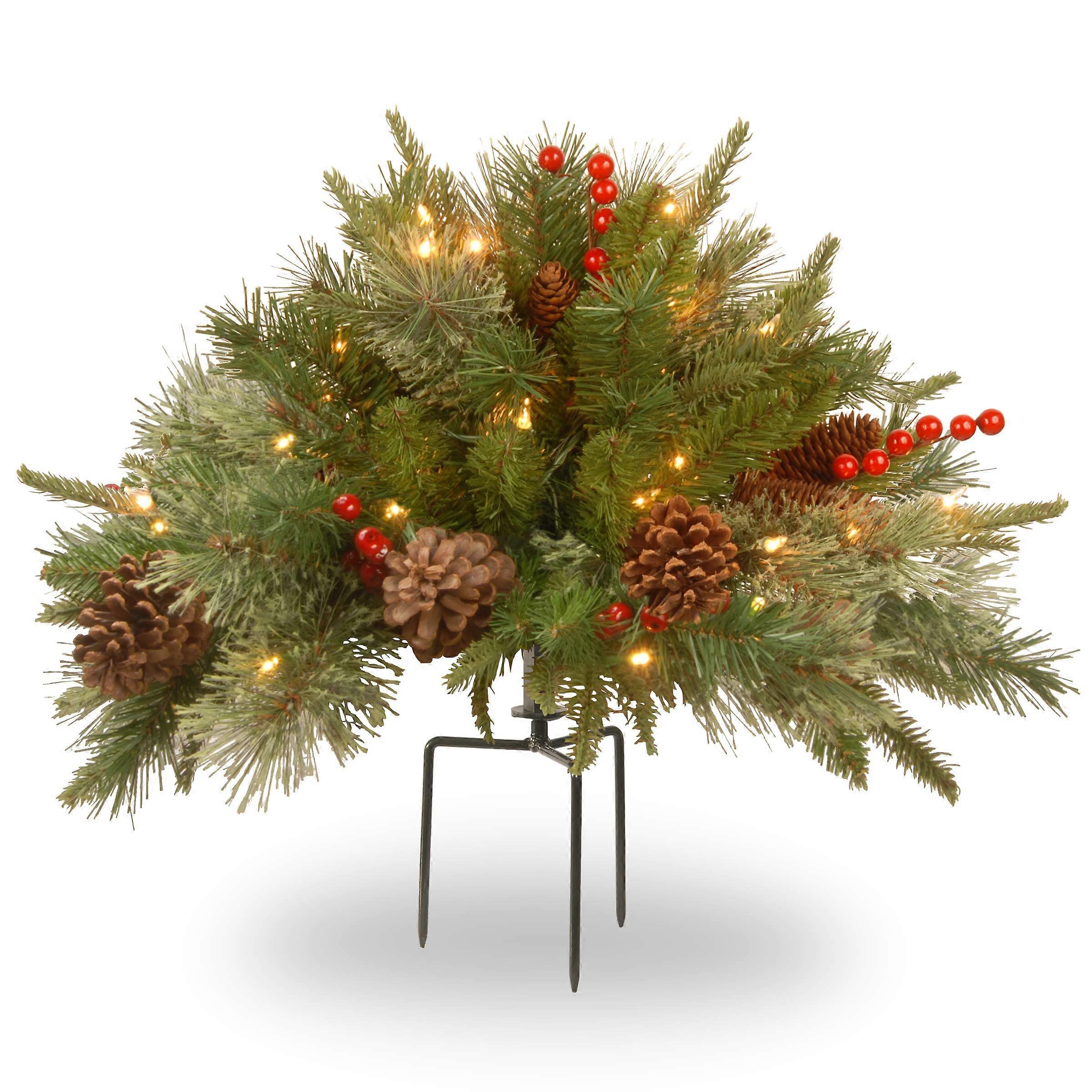 Prelit Artificial Christmas Urn Filler 18 Inch Flocked with Mixed Decorations and White LED Lights Stand
