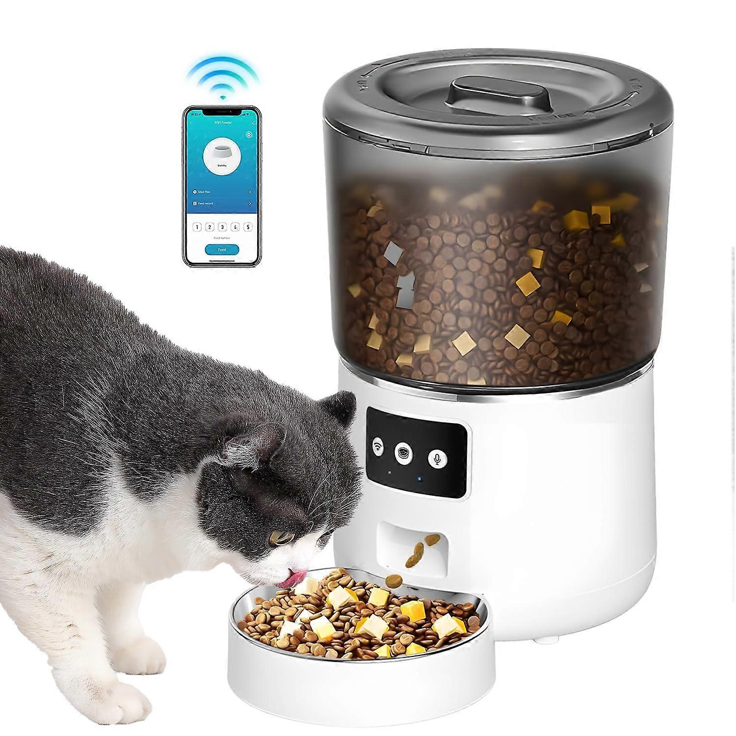 Automatic Cat Feeder 4L WiFi Controlled Dry Food Dispenser with APP, Stainless Steel Bowl, Dual Power Supply, 10S Voice Record