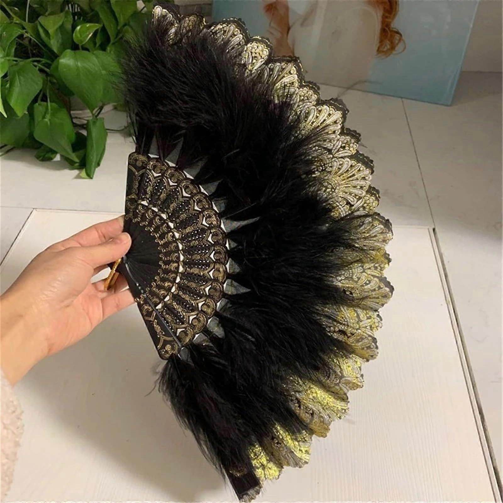 Folding Fan 10 Color Velvet Feather Fan for Dance Prop Chinese Hand Held Fans Paste Feathers Color Black Size WI
