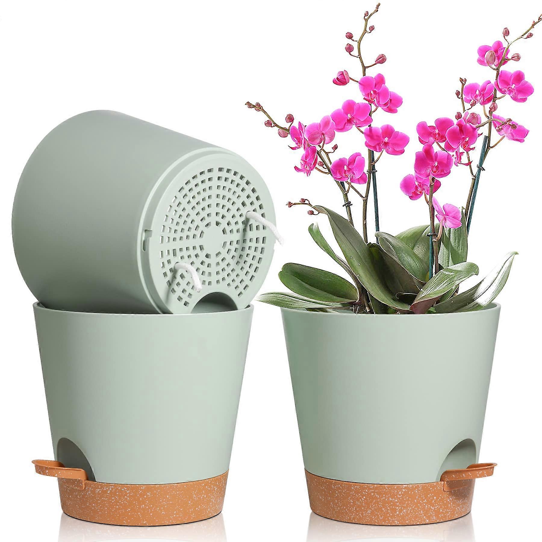 20 cm Plastic Self-Watering Flower Pot Set of 3 with Saucer, Round Indoor Herb Planters in Green for Balcony Garden
